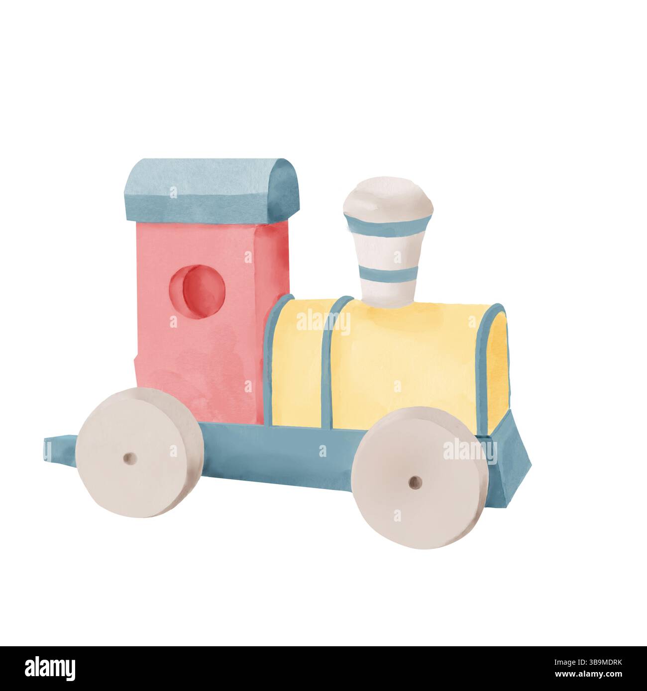Un drôle de train à vapeur pour enfants avec un tube sur roues pour jouer chemin de fer et conducteur de train. Illustration aquarelle. Un jouet d'enfant pour les tout-petits, isola Banque D'Images