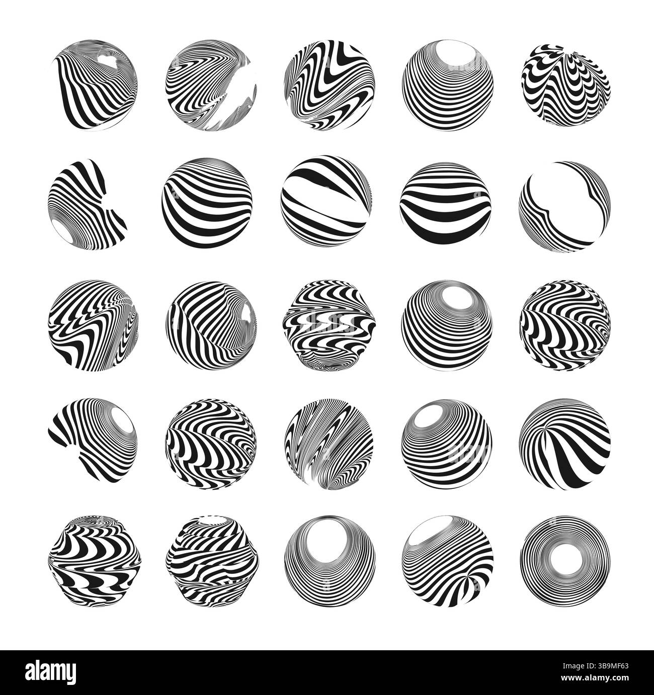 Sphères d'art optique en motifs rayés noir et blanc sur fond blanc, dessins hypnotiques. Illustration de Vecteur
