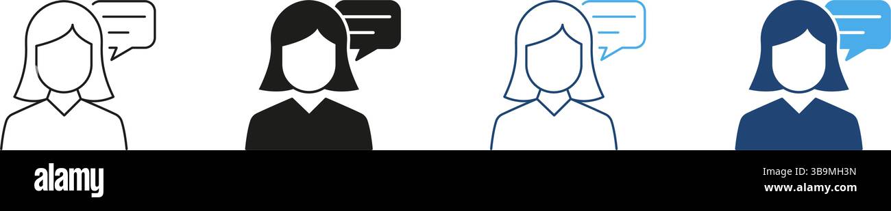 Ligne de femme et icône Silhouette avec bulle de parole, consultation ou discussion, assistance à la clientèle et icône de communication. Contour modifiable. Isolé Illustration de Vecteur