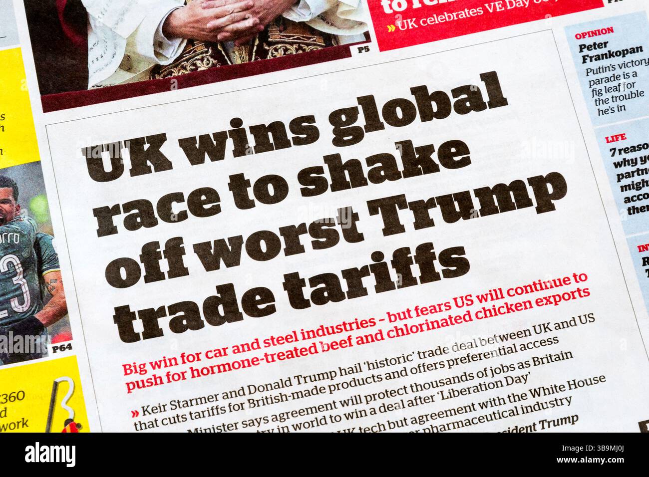 9 mai 2025. En première page dans le i Paper, le Royaume-Uni gagne la course mondiale pour se débarrasser des pires tarifs douaniers de Trump. Banque D'Images