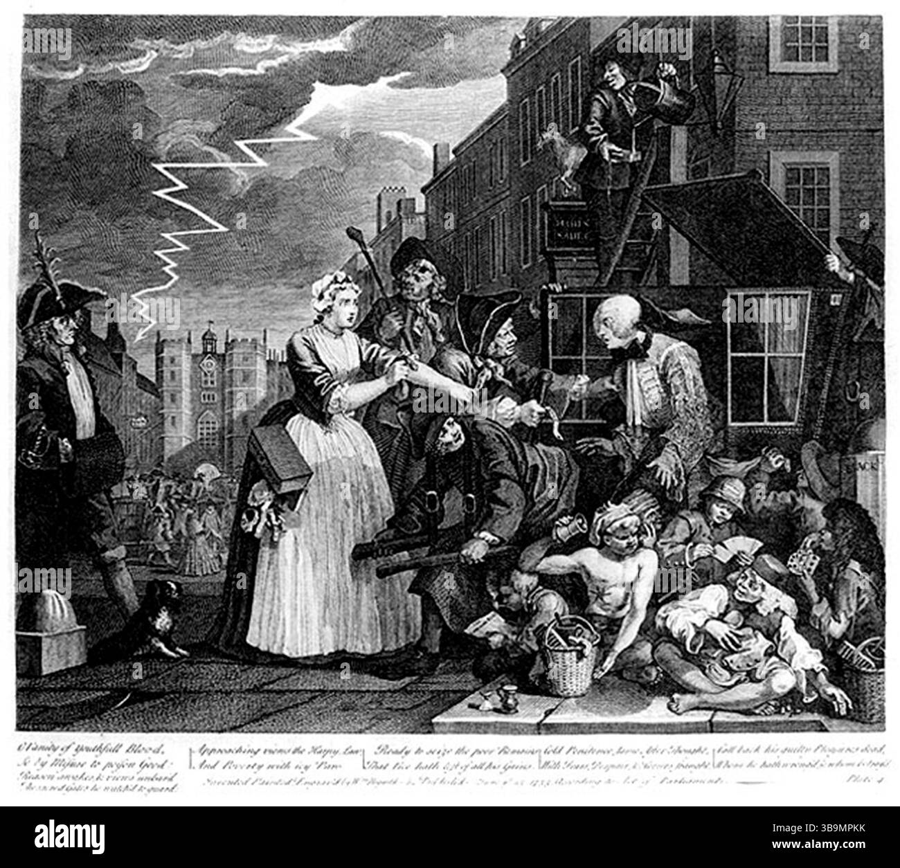 The Arrest (gravure) - A Rake's Progress (ou The Rake's Progress) est une série de huit peintures de l'artiste anglais William Hogarth du XVIIIe siècle. Les toiles ont été produites en 1732-1734, puis gravées la série montre le déclin et la chute de Tom Rakewell, le fils dépensier et héritier d'un riche marchand, qui vient à Londres, gaspille tout son argent dans la vie luxueuse, la prostitution et le jeu. Banque D'Images The Arrest (gravure) - A Rake's Progress (ou The Rake's Progress) est une série de huit peintures de l'artiste anglais William Hogarth du XVIIIe siècle. Les toiles ont été produites en 1732-1734, puis gravées la série montre le déclin et la chute de Tom Rakewell, le fils dépensier et héritier d'un riche marchand, qui vient à Londres, gaspille tout son argent dans la vie luxueuse, la prostitution et le jeu. Banque D'Images