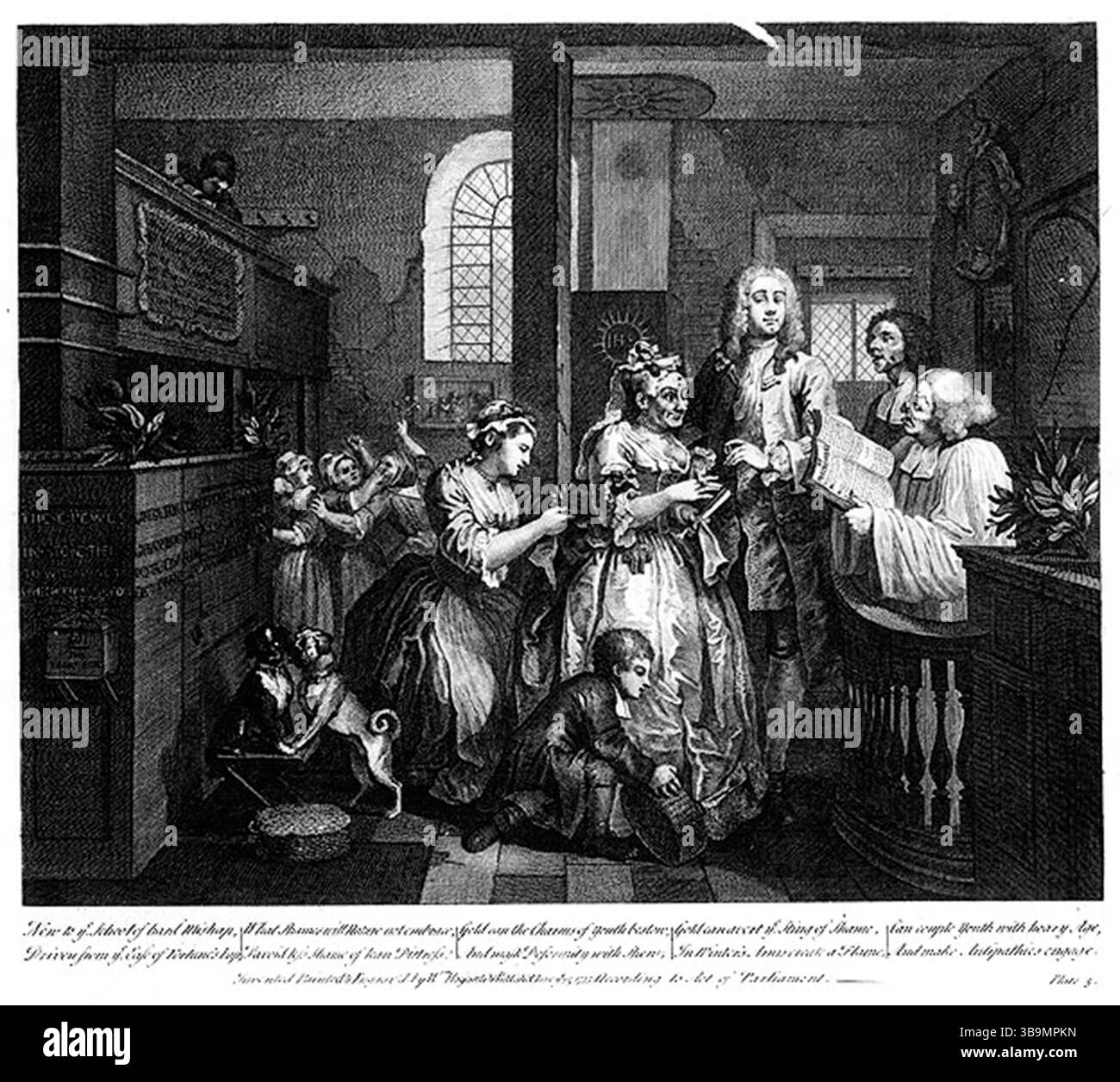 Le mariage (gravure) A Rake's Progress (ou The Rake's Progress) est une série de huit peintures de l'artiste anglais William Hogarth du XVIIIe siècle[1]. Les toiles ont été produites en 1732–1734, puis gravées en 1734 et publiées sous forme imprimée en 1735[2]. La série montre le déclin et la chute de Tom Rakewell, le fils dépensier et héritier d'un riche marchand, qui vient à Londres, gaspille tout son argent pour vivre luxueux, la prostitution et le luxe et le jeu. Banque D'Images