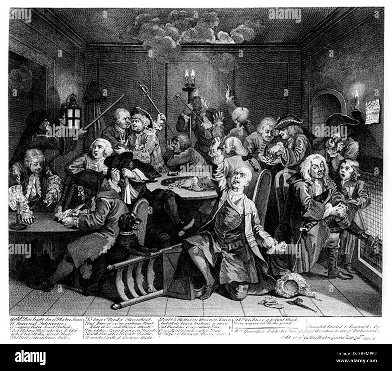 The Gaming House (gravure) - A Rake's Progress (ou The Rake's Progress) est une série de huit peintures de l'artiste anglais William Hogarth du XVIIIe siècle[1]. Les toiles ont été produites en 1732–1734, puis gravées en 1734 et publiées sous forme imprimée en 1735[2]. La série montre le déclin et la chute de Tom Rakewell, le fils dépensier et héritier d'un riche marchand, qui vient à Londres, gaspille tout son argent dans la vie luxueuse, la prostitution et les jeux d'argent. Banque D'Images