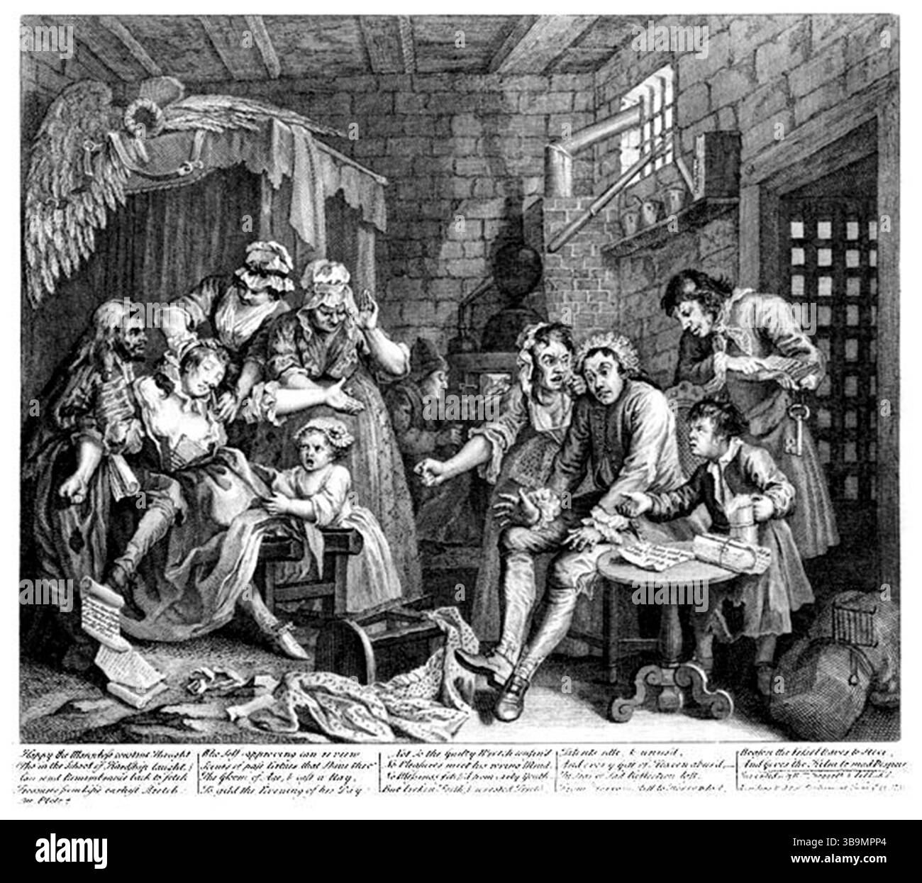 La prison (gravure) - A Rake's Progress (ou The Rake's Progress) est une série de huit peintures de l'artiste anglais William Hogarth du XVIIIe siècle[1]. Les toiles ont été produites en 1732–1734, puis gravées en 1734 et publiées sous forme imprimée en 1735[2]. La série montre le déclin et la chute de Tom Rakewell, le fils dépensier et héritier d'un riche marchand, qui vient à Londres, gaspille tout son argent pour vivre luxueux, la prostitution et jouer. Banque D'Images
