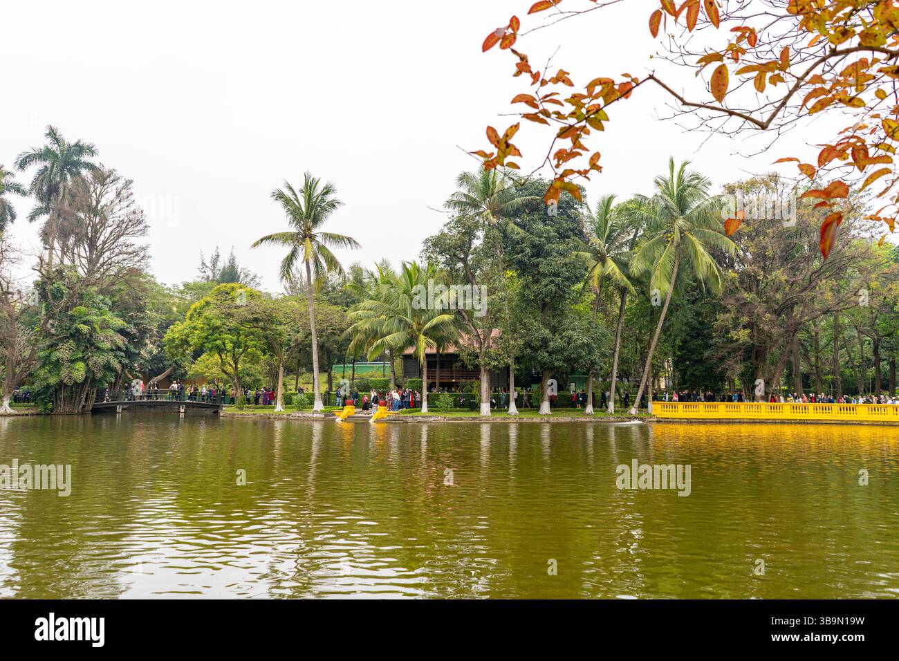 Une scène de parc sereine au Vietnam, avec un lac entouré de verdure luxuriante et de palmiers. Les gens se promènent le long des sentiers et apprécient le paisible atmo Banque D'Images
