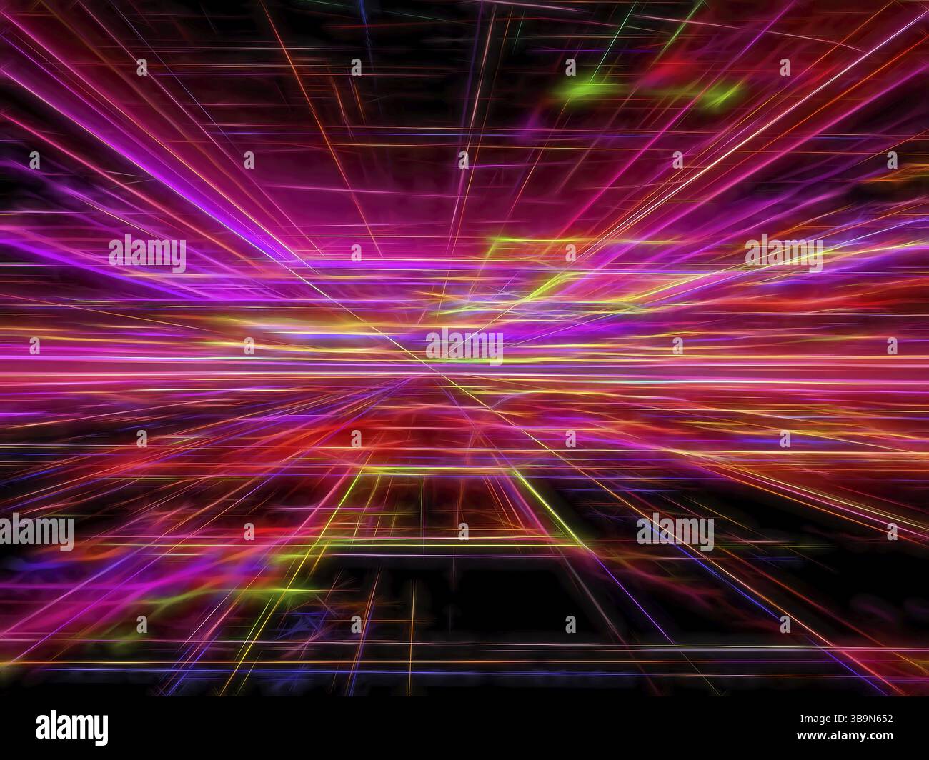 Fond lumineux abstrait - image générée par ordinateur. Géométrie fractale : chaos, les lignes brillantes du néon s'étendent jusqu'à l'horizon. Pour couvertures, web design, poste Banque D'Images