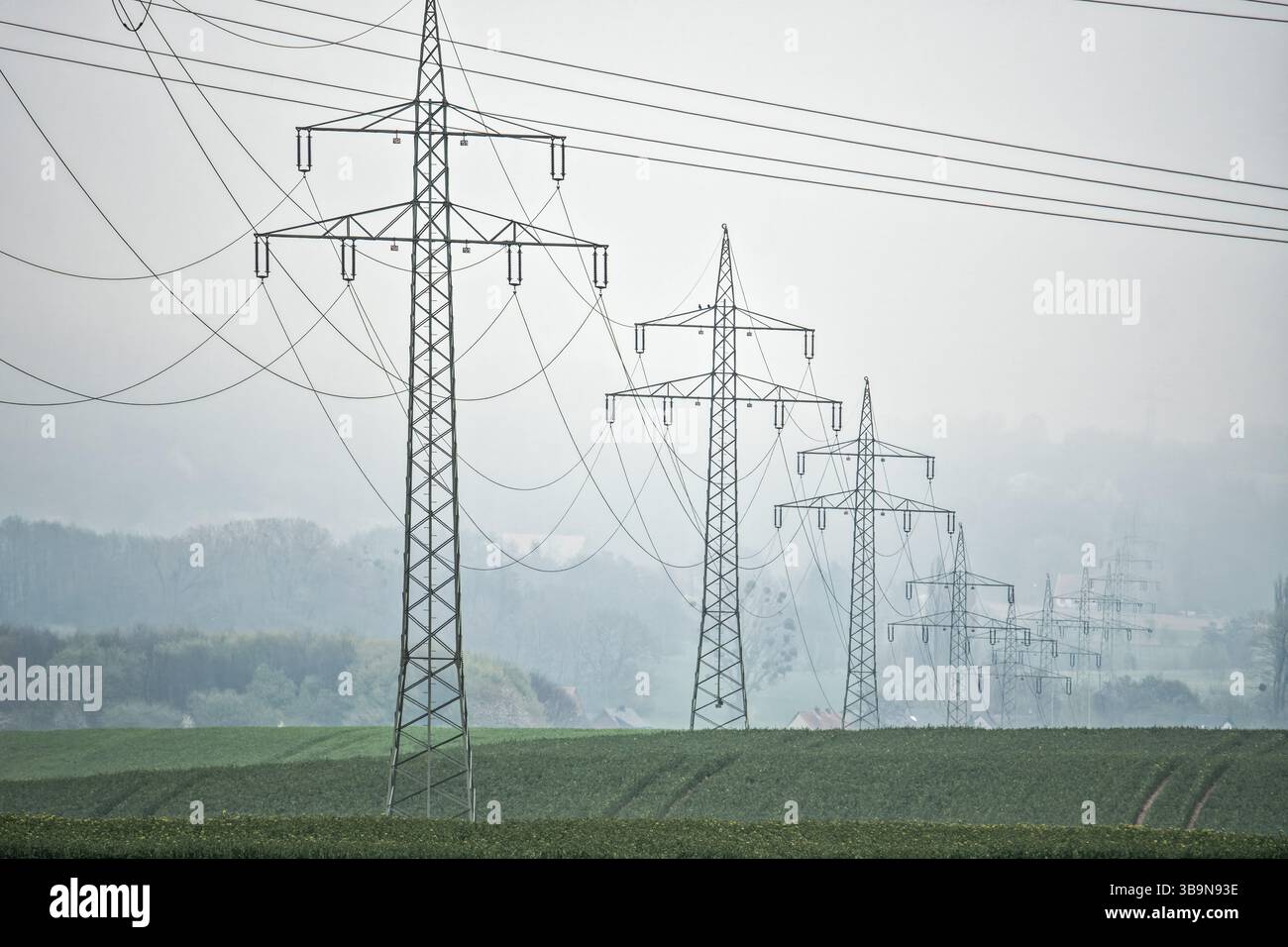 Électricité pylônes brumeux humeur Veltheim Porta Westfalica Allemagne Banque D'Images