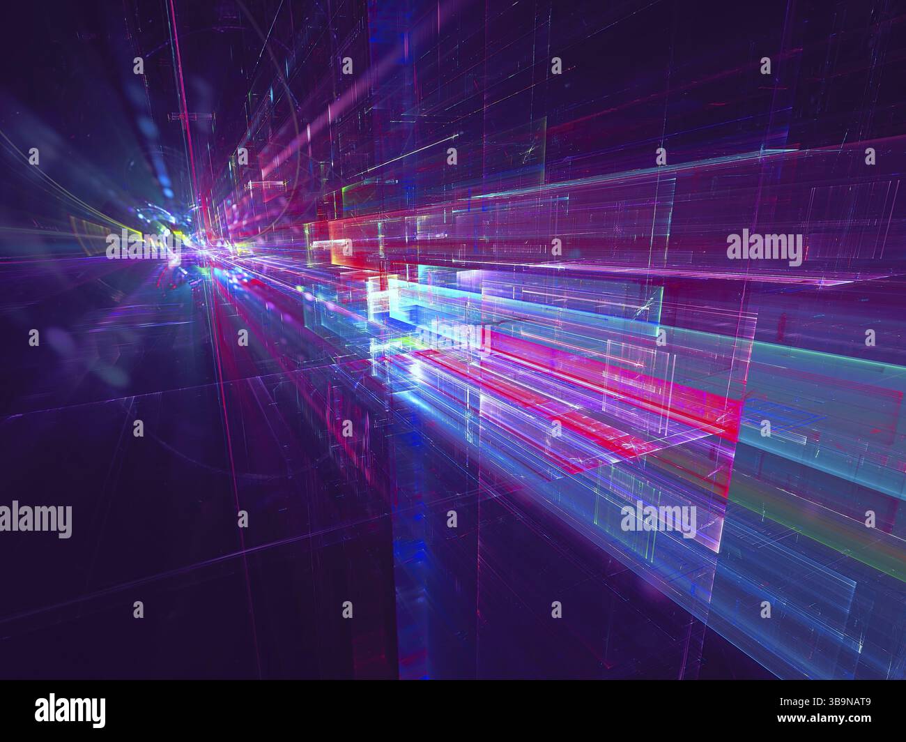 La technologie de l'avenir de la science-fiction ou d'arrière-plan. Résumé de l'image générée par ordinateur. La géométrie fractale : chaos des briques de verre et les salves de rayons. Pour le web Banque D'Images