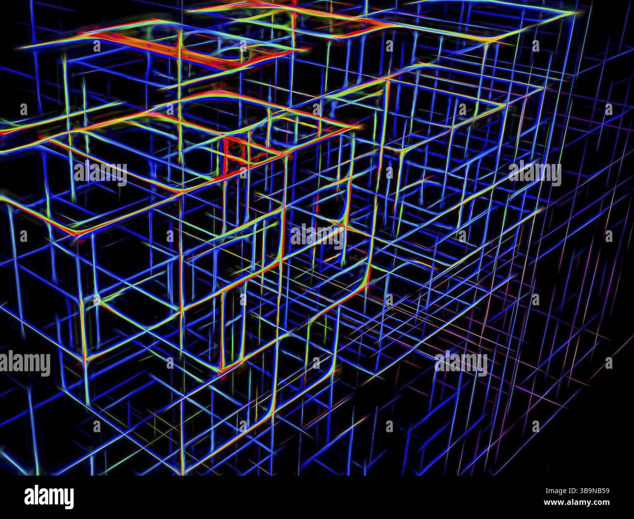 Cubes lumineux néon - illustration 3D générée par ordinateur. Art numérique : mur de blocs. Technologie ou science-fiction fond sombre ou fond d'écran de bureau Banque D'Images