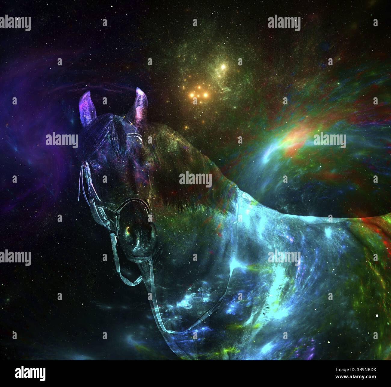 Portrait de cheval futuriste sur fond d'espace lumineux - collage abstrait. Je plaisante, mais semble fantastique et inhabituel. Thème Equistrian. Pour les tirages a Banque D'Images