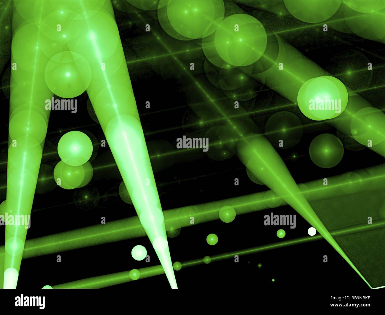 Green Bubbles flou - image abstraite générée par ordinateur. Géométrie fractale : chaos rayons lumineux et sphères sur un fond sombre. Pour les couvertures, la conception Web, Banque D'Images