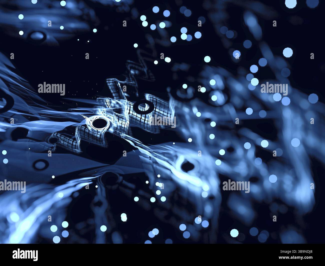 Flou technologique - image abstraite générée par ordinateur. Géométrie fractale : partie floue de structure inhabituelle et bokeh de bulle. Formation technique pour les couvertures Banque D'Images