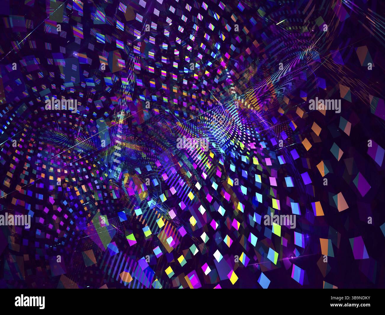 Fond festif lumineux abstrait - illustration 3d générée par ordinateur. Art fractal : motif lumineux de cellules colorées situées aléatoirement sur un sur courbe Banque D'Images