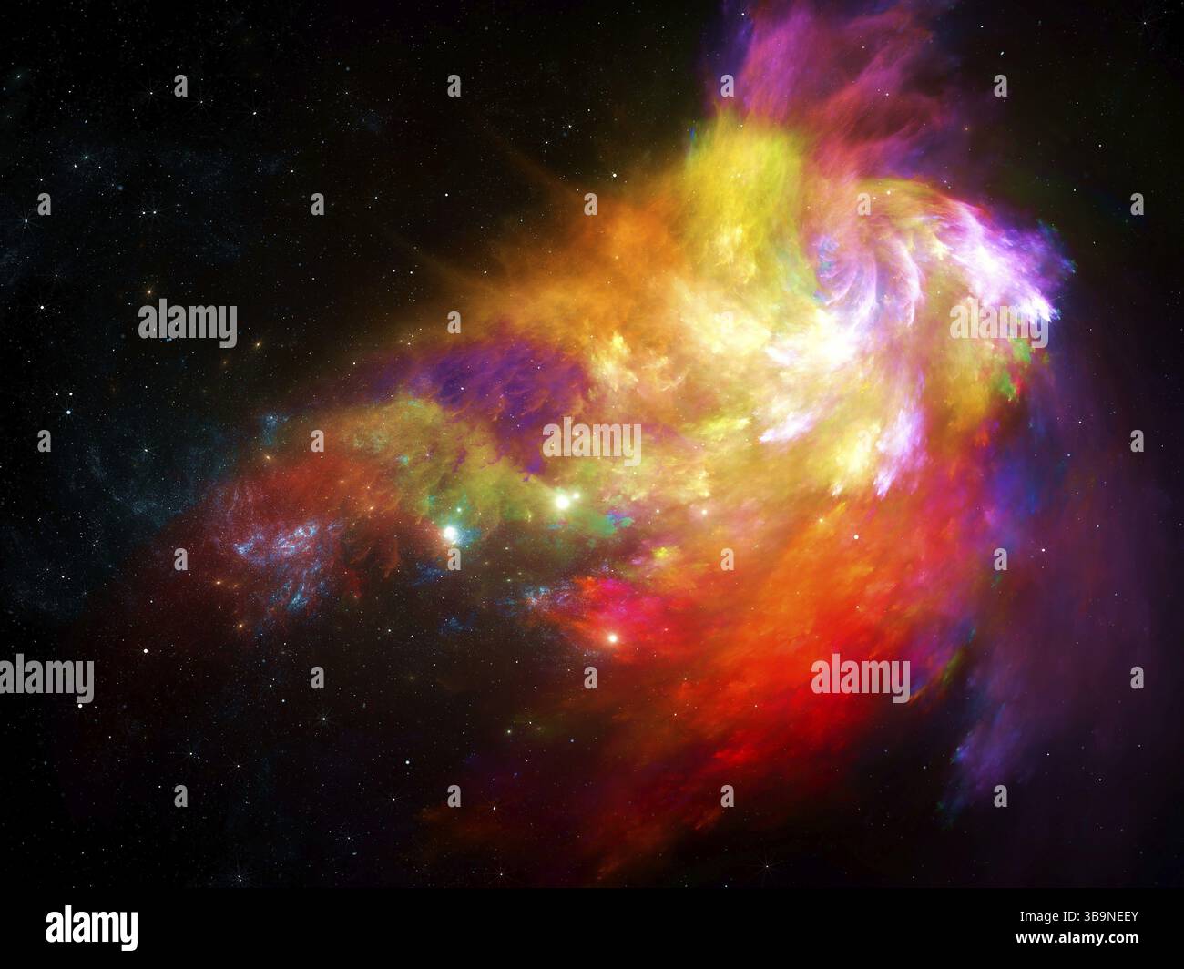 Fond d'espace abstrait avec galaxie multicolore lumineuse - illustration générée par ordinateur. Ciel, étoiles et poussière. Traits ressemblant à une aquarelle. AST Banque D'Images