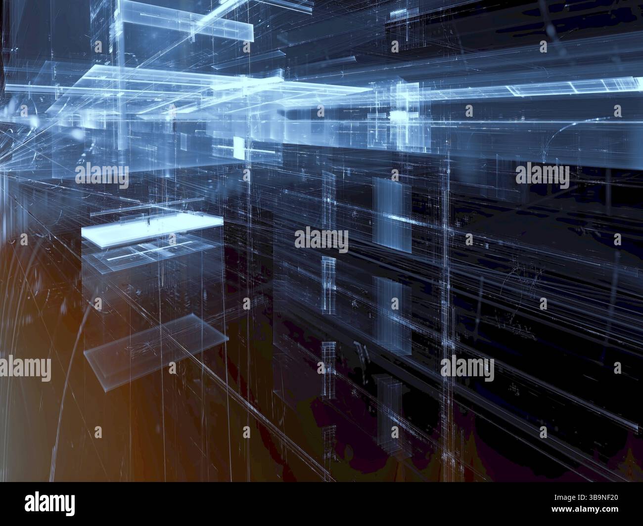 Contexte - La technologie 3d illustration. Résumé de l'image générée par ordinateur. L'art numérique : murs de verre avec effet de lumière et de perspective. Vr ou sci-fi c Banque D'Images