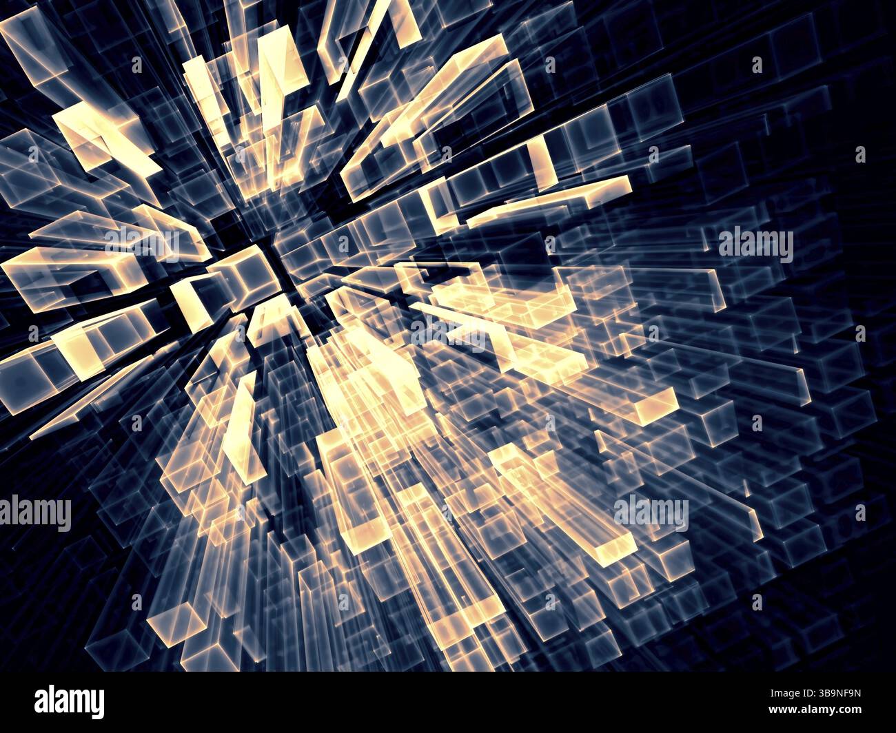 Fond technique abstrait - image générée par ordinateur. Art fractal : portail ou couloir de blocs de verre lumineux. Fond SCI-fi ou hi-tech Banque D'Images