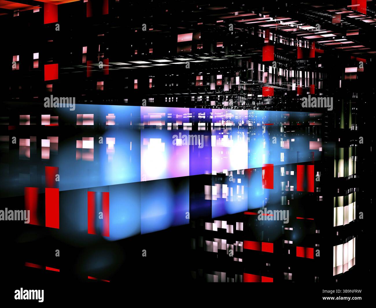 Fond de technologie sombre avec des blocs lumineux - illustration 3D. Composition horizontale avec effet de perspective. Rectangles espacés aléatoirement et lumière Banque D'Images