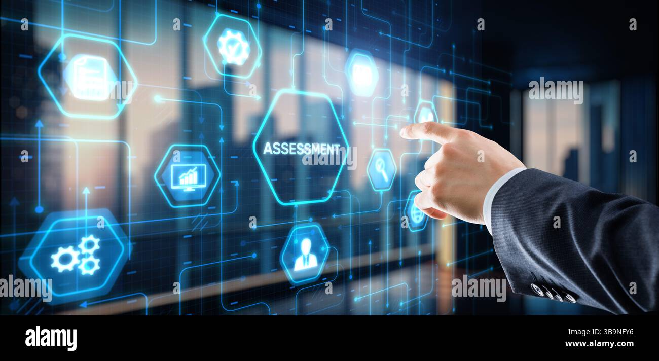 Évaluation analyse des risques. Analyse d'entreprise. Évaluation des icônes. Banque D'Images