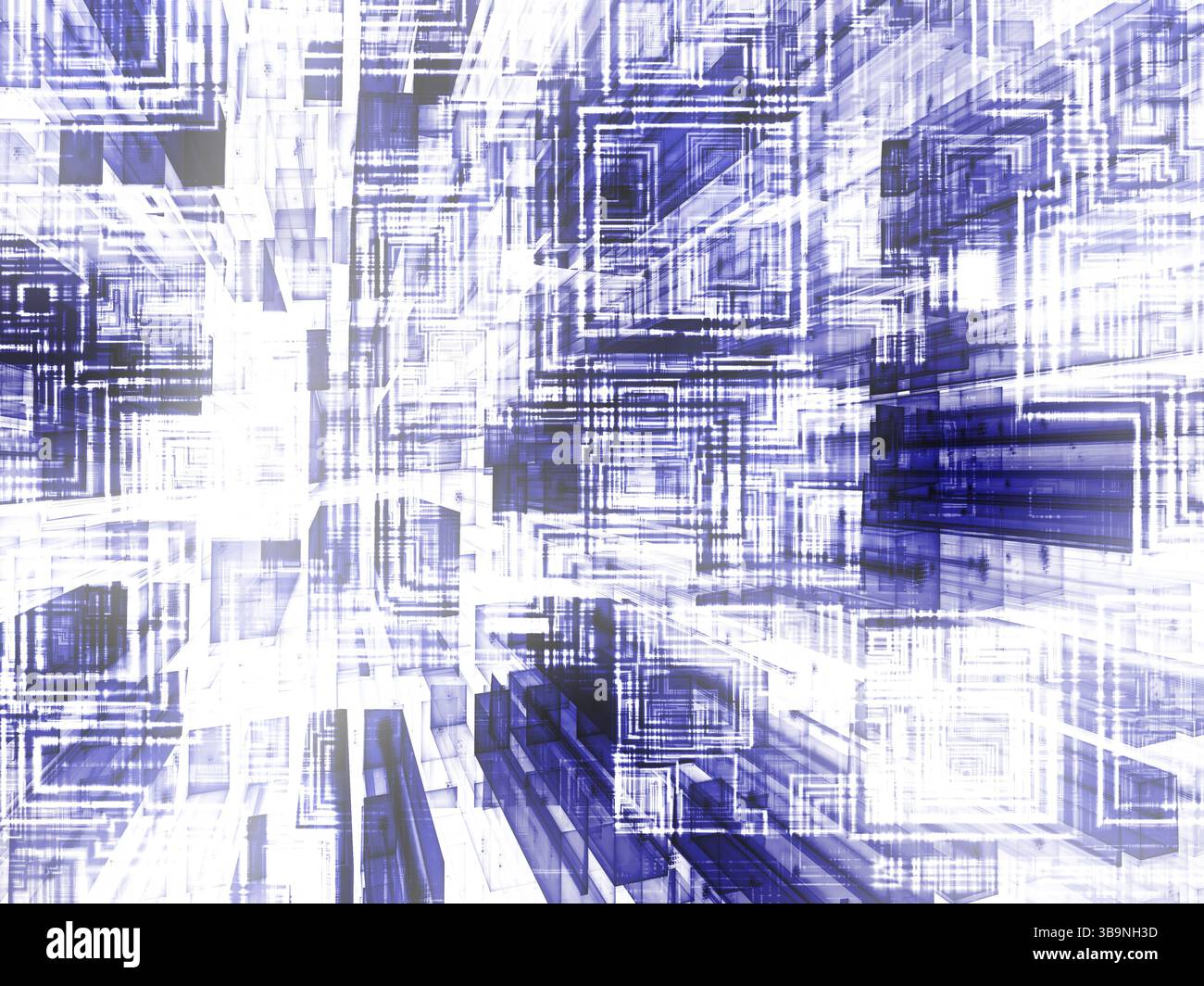 Fond blanc et bleu abstrait - image générée par ordinateur. Art numérique : grille de rectangles de verre avec perspective, quadrillage carré chaos et réflectio Banque D'Images