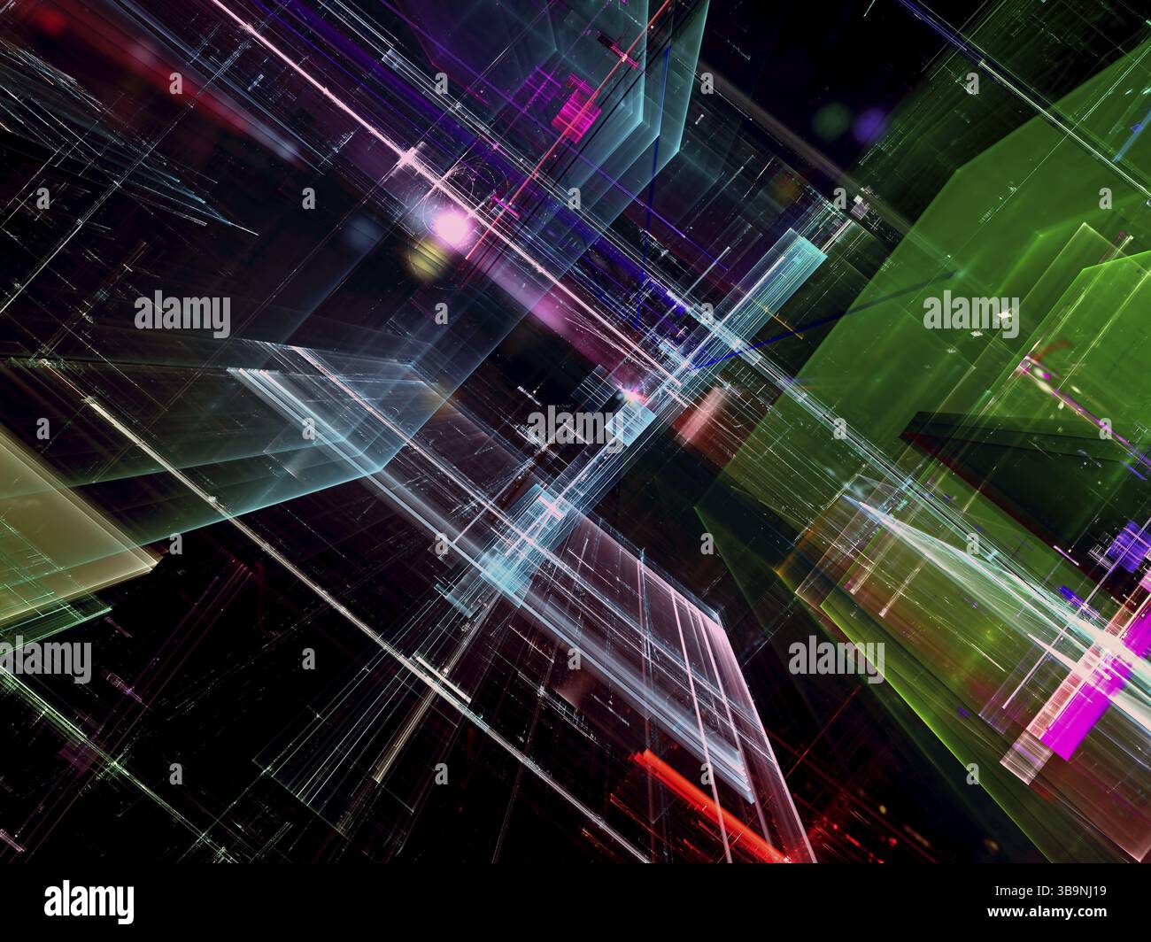 Fond abstrait de technologie ou de science-fiction - image générée par ordinateur. Art fractal : parois de verre inclinées en diagonale avec des lignes et des points lumineux. Toile de fond ou gra Banque D'Images