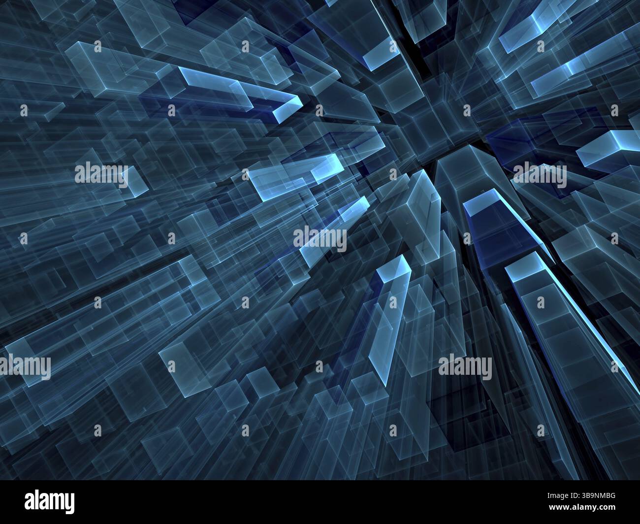 Fond de technologie géométrique - image abstraite générée par ordinateur. Géométrie fractale : tendre aux parallélépipèdes horizontaux de verre. Tech ou virtuel Banque D'Images