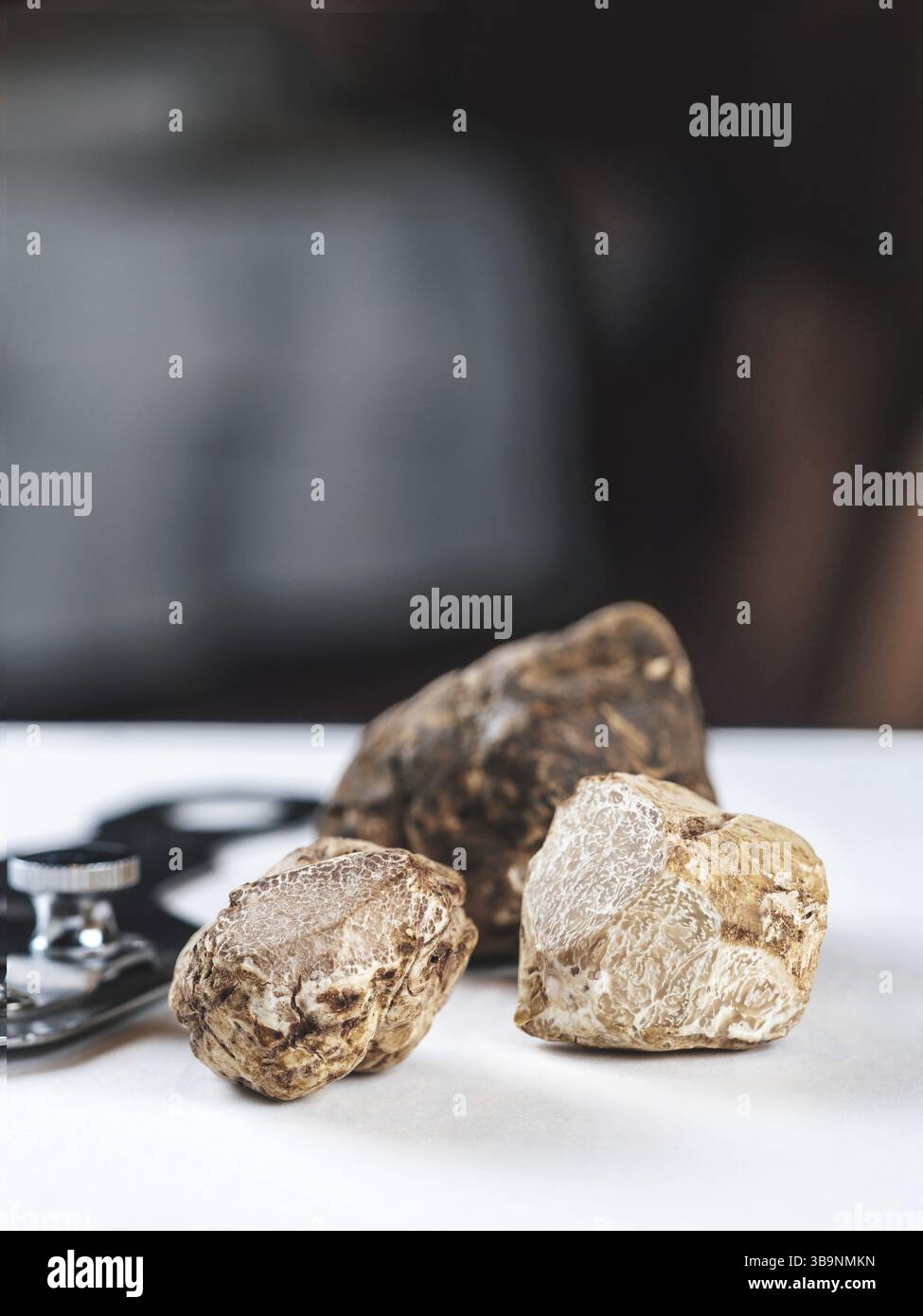 Truffes blanches chères champignons gourmands sur la table blanche à l'intérieur du restaurant. Rangée de truffes brunes avec tranche sur une table blanche avec backgrou foncé Banque D'Images