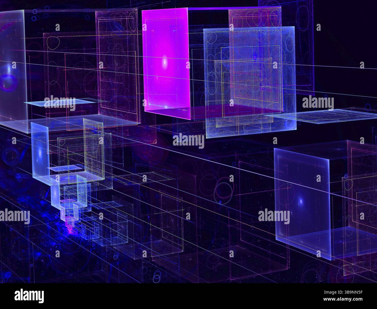 Fond abstrait de haute technologie ou de science-fiction avec des cubes volants. Illustration 3D fractale générée par ordinateur. Pour le thème de la technologie future ou de la science des données de Banque D'Images