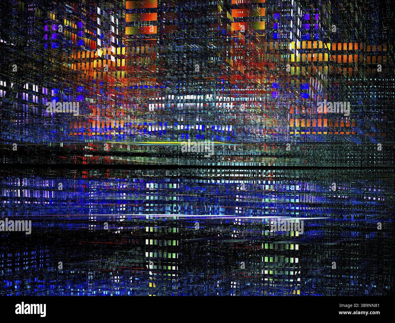 Réalité virtuelle ou fond de science-fiction. Rue de la ville surréaliste. Grille colorée lumineuse avec effet de perspective. Fractale - illustration 3d abstraite. Pour co Banque D'Images