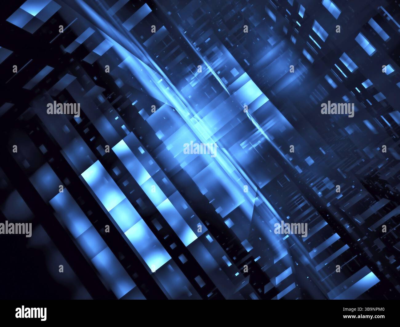 Fond abstrait de technologie ou de science-fiction - illustration 3D générée par ordinateur. Art fractal : construction inhabituelle inclinée en diagonale, centre de données ou couloir. Banque D'Images