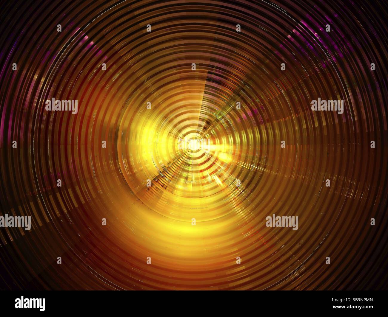 Disque d'or avec des cercles concentriques et des effets de lumière .abstrait image générée par ordinateur - fond de concept pour les projets de science-fiction ou de conception ésotérique Banque D'Images