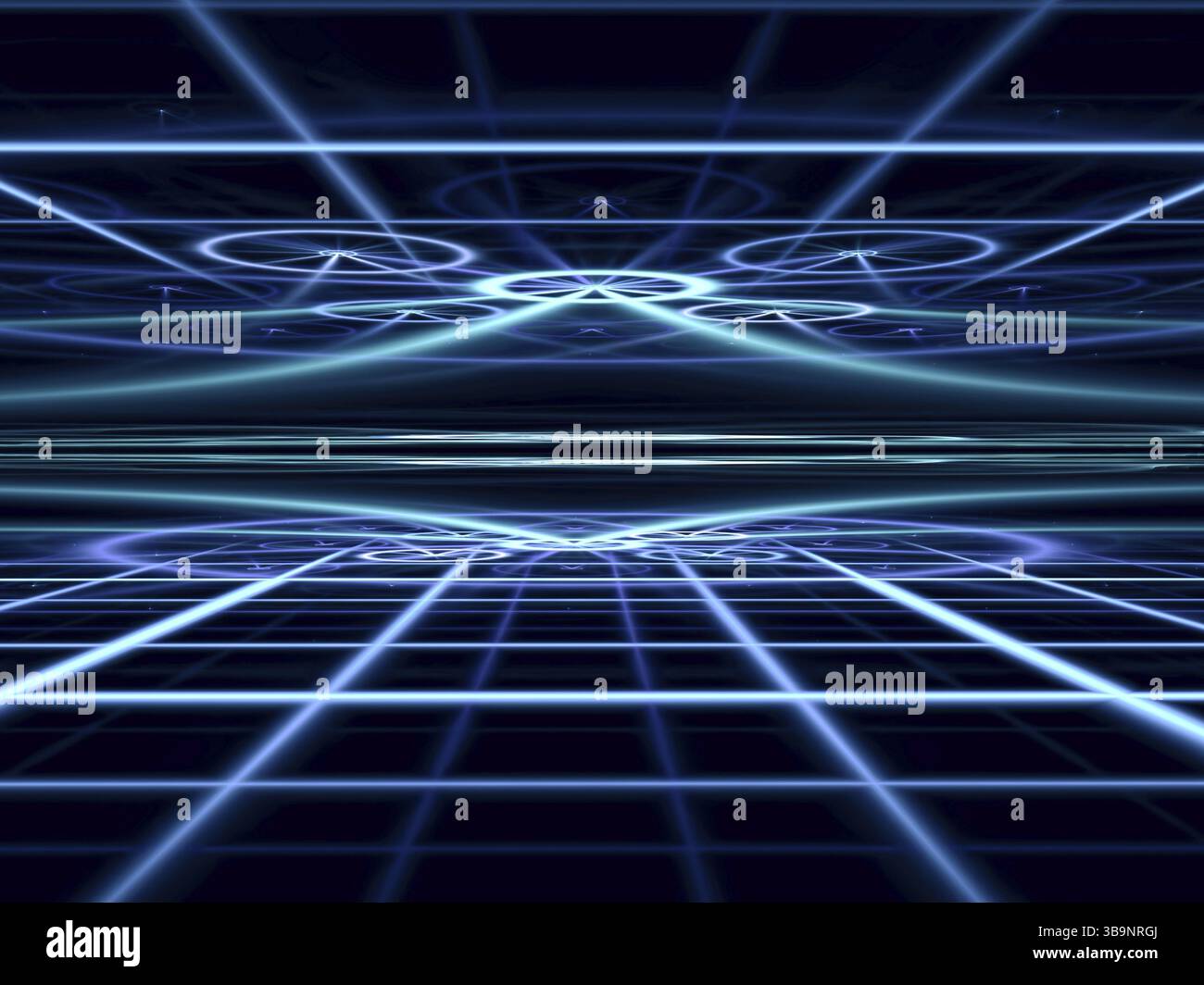 Géométrie fractale : technologie sombre ou fond ésotérique avec grille, lignes droites, cercles et perspective. Image abstraite générée par ordinateur pour cov Banque D'Images