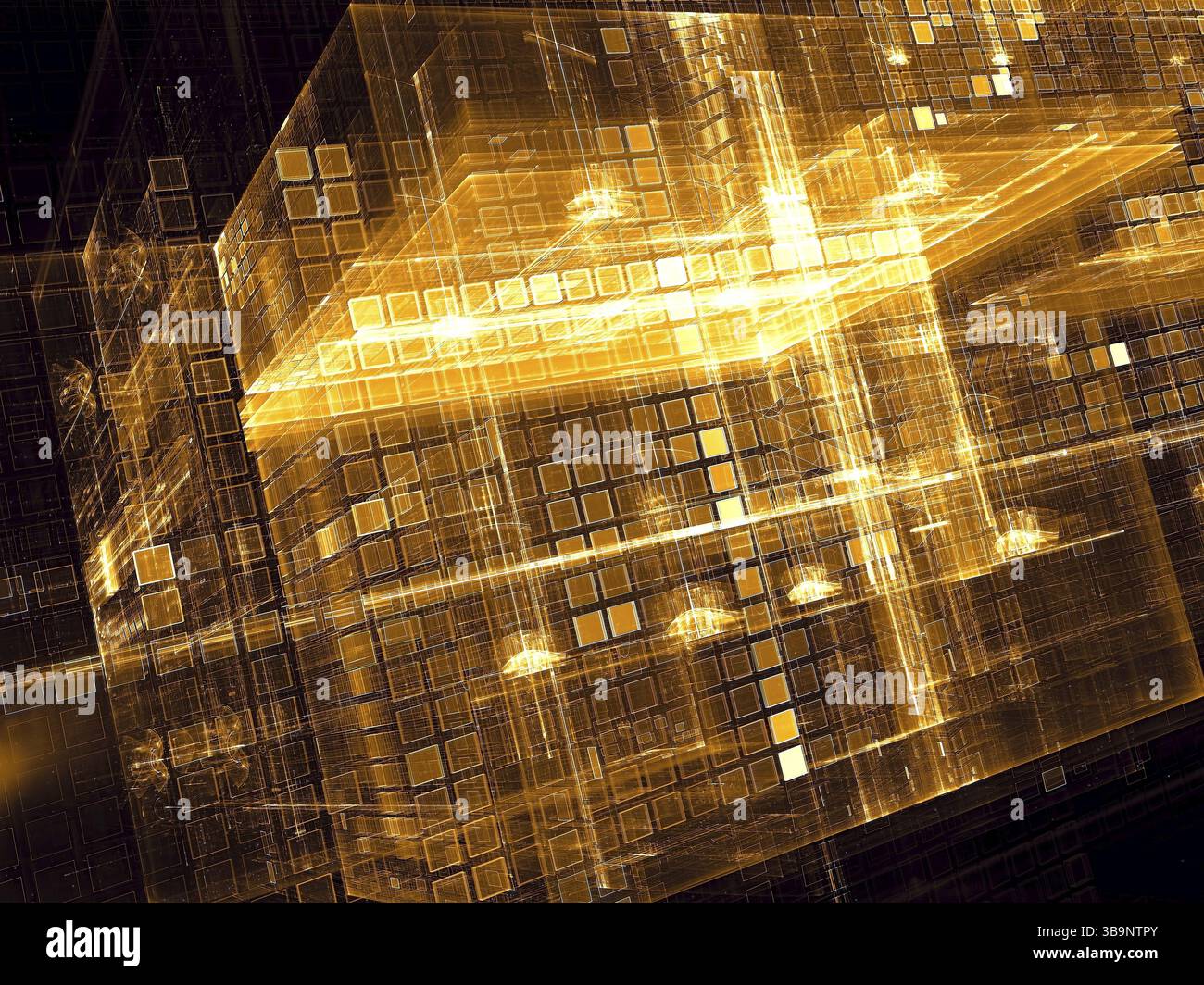Cubes futuristes - image abstraite générée par ordinateur. Art fractal : structure suréelle de cubes comme une partie du palais d'or. Pour la conception Web, affiches, crique Banque D'Images