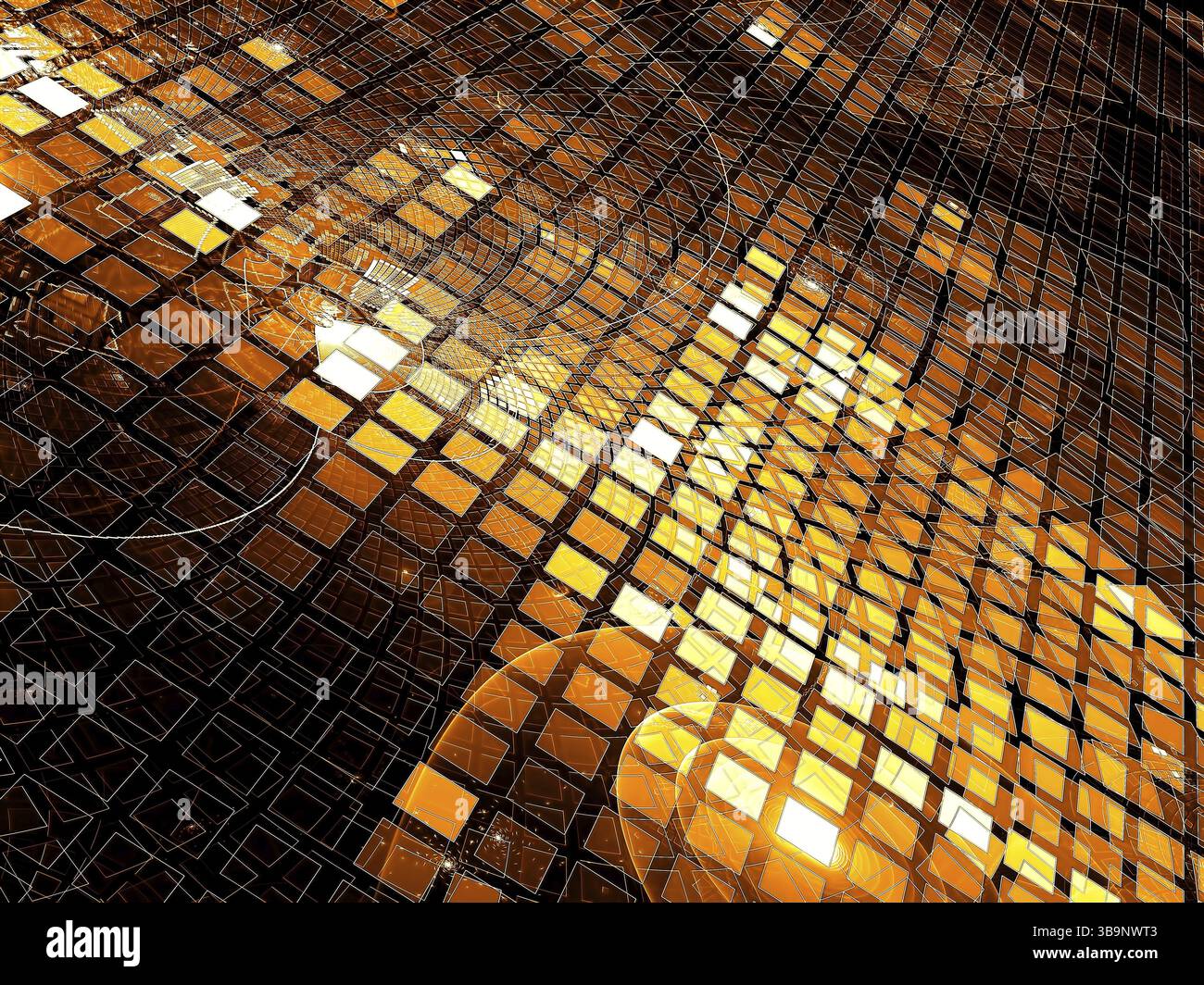 Fond doré avec des cellules ou des écailles. Image abstraite générée par ordinateur - fractale. Toile de fond lumineuse avec perspective et éclat métallique. Pour Web des Banque D'Images