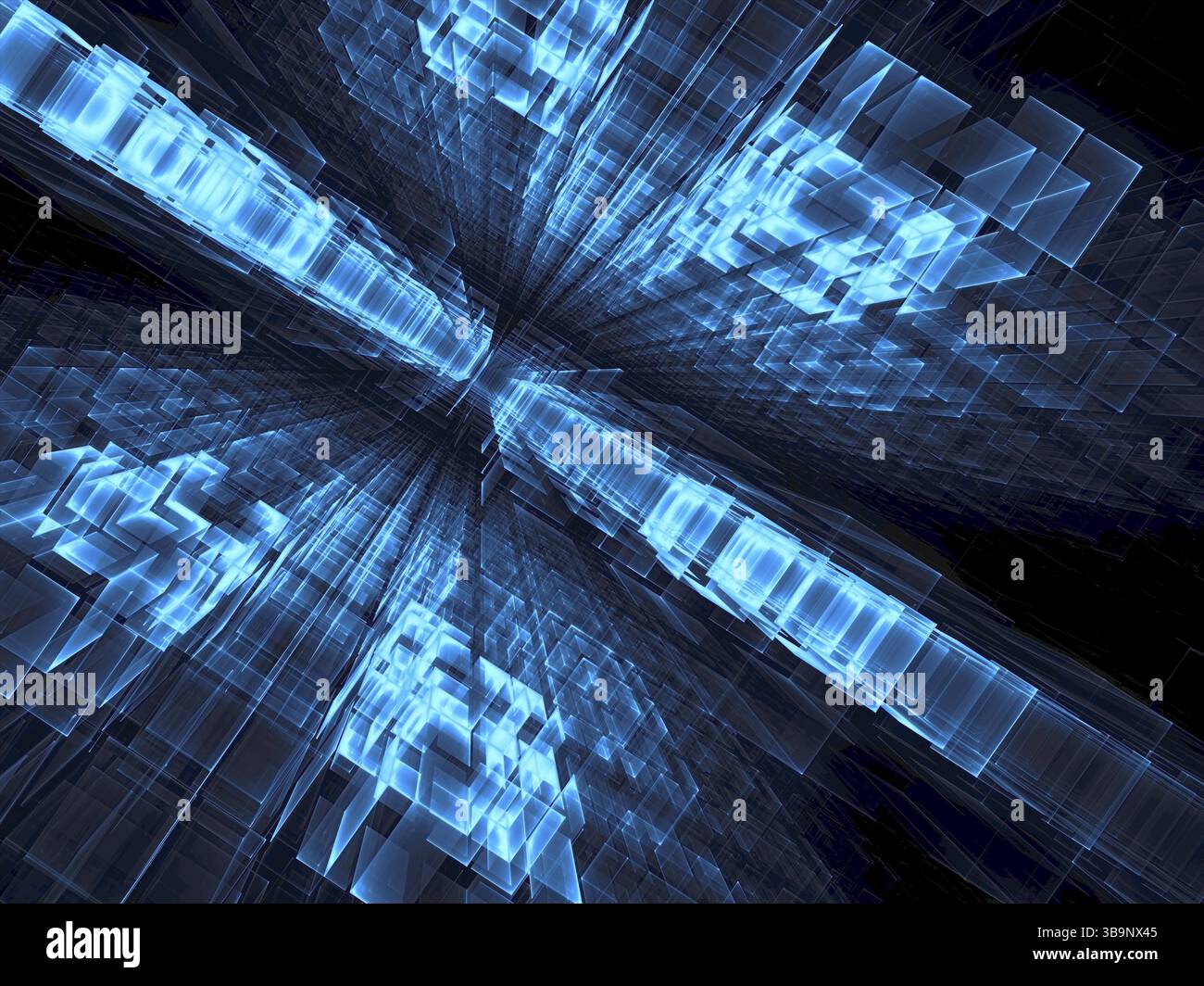 Fond de technologie abstraite ou de science-fiction - illustration 3D générée par ordinateur. Géométrie fractale : construction bleue et blanche de blocs, locat Banque D'Images