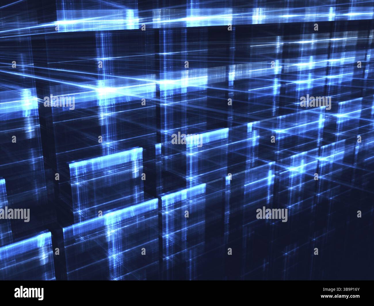 Fond technologique - image abstraite générée par ordinateur. Art numérique : brillant dans la grille sombre. Fond de concept hi-tech ou science-fi ou design graphique ele Banque D'Images
