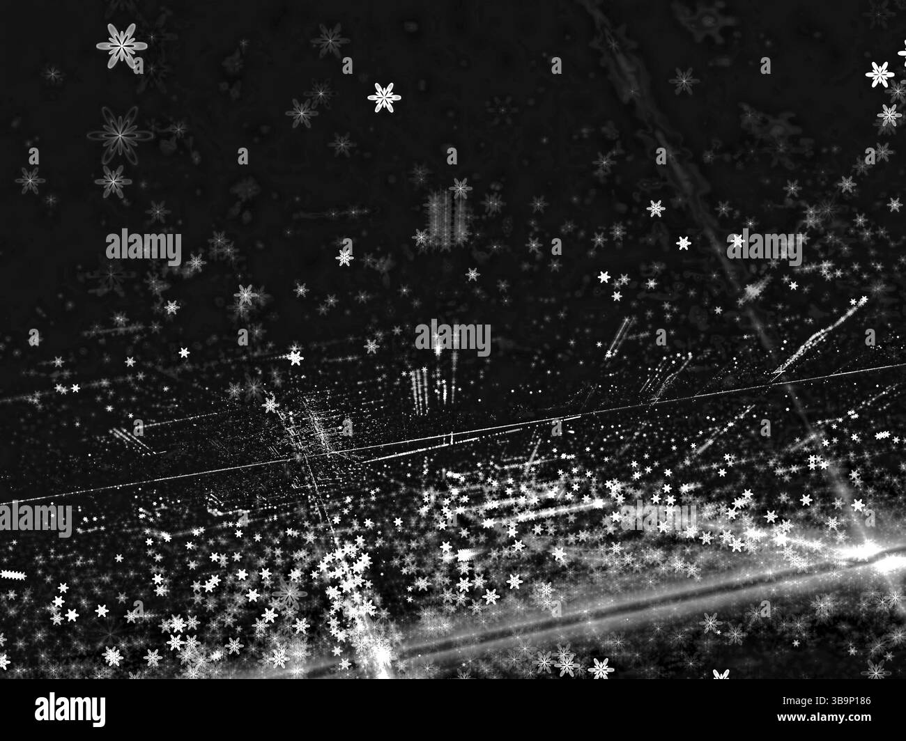 Flou sombre abstrait - image générée par ordinateur. Art fractal : arrière-plan flou avec des lignes de chaos, des points et des étoiles ou des flocons de neige. Toile de fond pour cartes, pos Banque D'Images