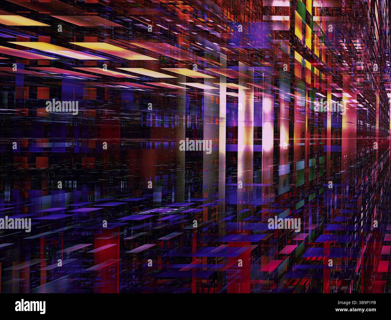 Mur de blocs de verre avec effet de perspective - illustration 3d abstraite. Image générée par ordinateur - fractale. Science-fiction ou réalité virtuelle Concepp Banque D'Images