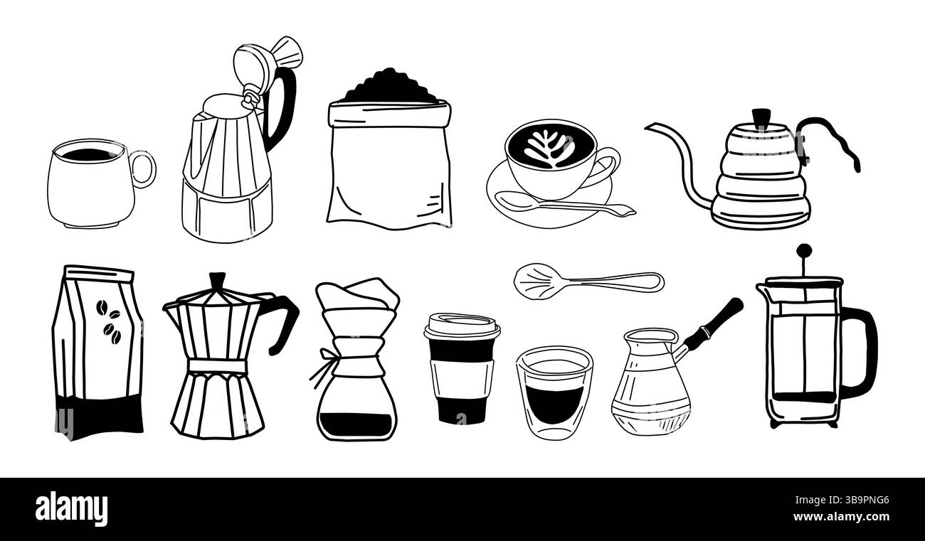 Une collection de café, d'articles de thé vectoriel art de ligne Illustration de Vecteur