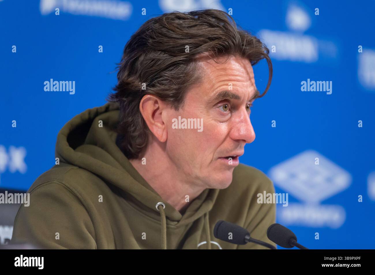 Le manager de Brentford, Thomas Frank, donne sa conférence de presse après le match de premier League entre Ipswich Town et Brentford à Portman Road, Ipswich le samedi 10 mai 2025. (Photo : David Watts | mi News) Banque D'Images