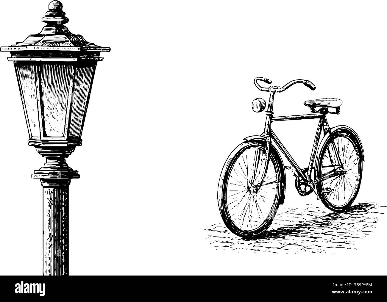 Vintage vélo et lampe post gravure pour un design classique et un décor nostalgique. Illustration de Vecteur