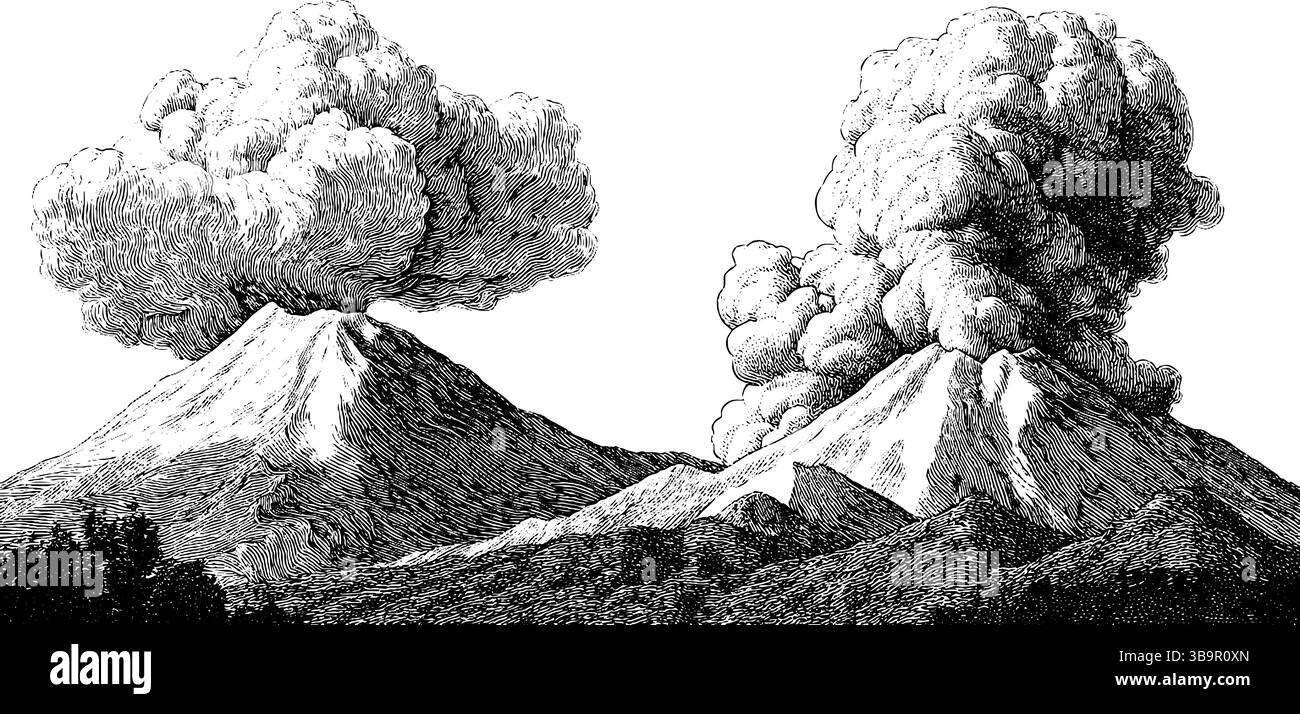 Gravure détaillée de l'éruption du volcan et de la coulée de lave pour la conception artistique. Illustration de Vecteur