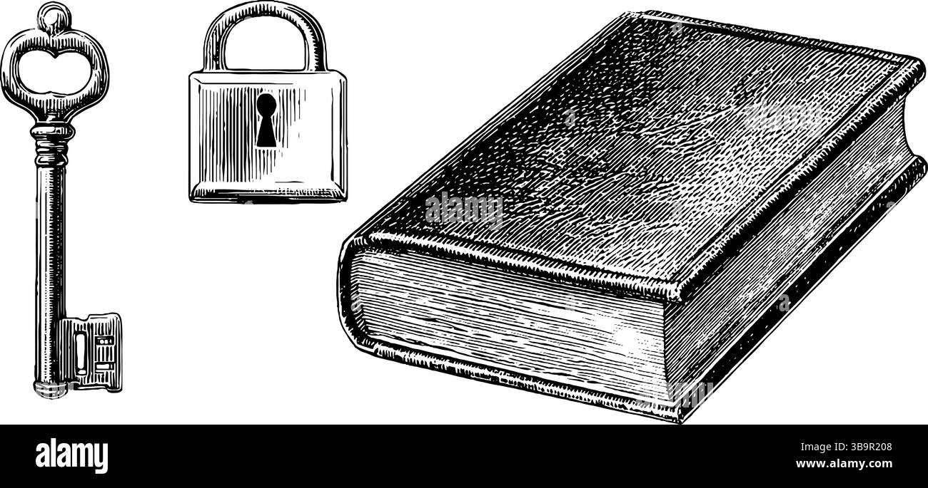 Vintage gravé ensemble de clé en fer, serrure et livre pour l'inspiration de design classique. Illustration de Vecteur