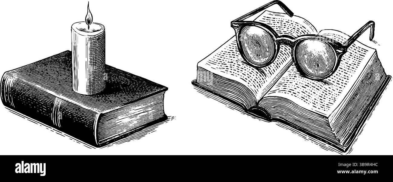 Ensemble d'illustrations gravées vintage avec support de bougie et verres. Illustration de Vecteur