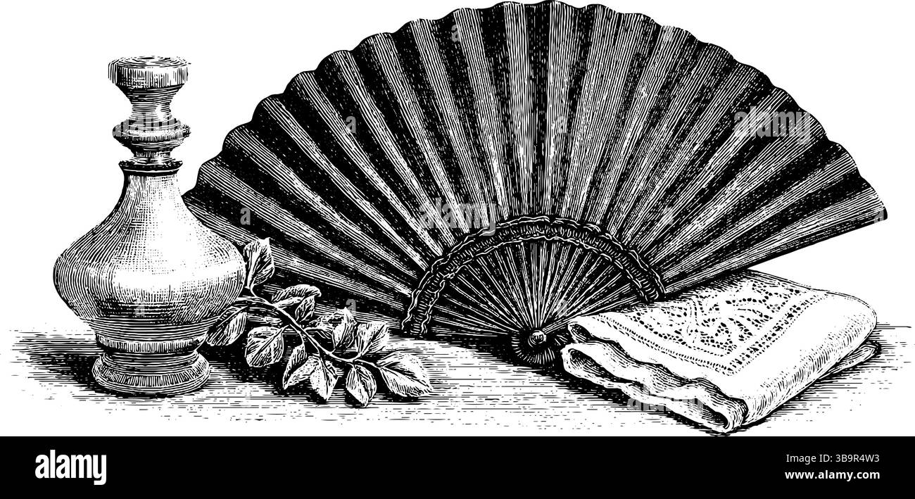 Élégance vintage : ventilateur à main gravé et design de bouteille de parfum pour la décoration. Illustration de Vecteur