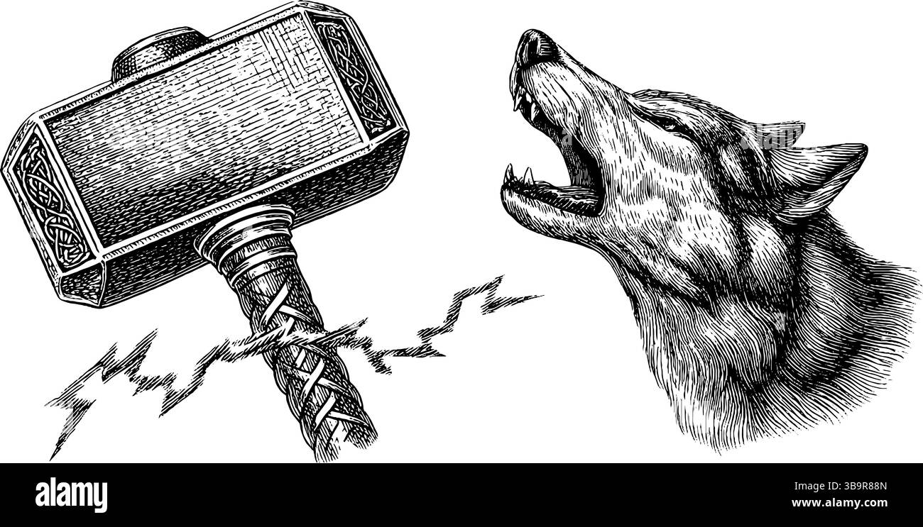 Symboles nordiques mythiques représentant le marteau de thor et le loup féroce avec un motif d'éclair. Illustration de Vecteur