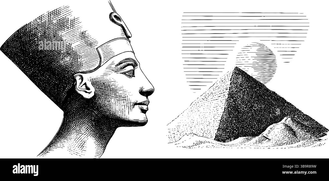 Illustration gravée du buste de néfertiti et de l'ancienne scène pyramidale égyptienne. Illustration de Vecteur