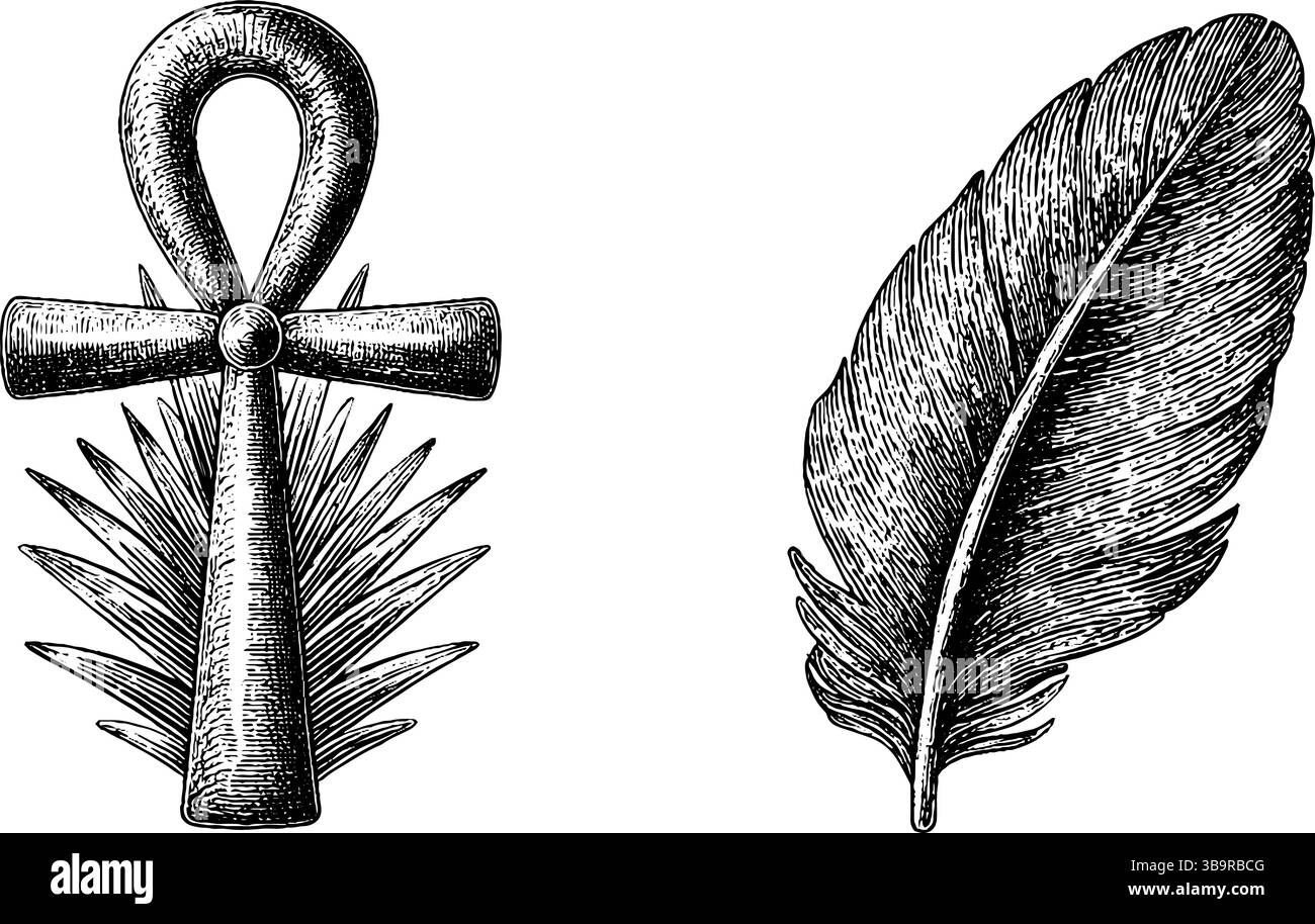 Ensemble d'illustrations en ankh et plumes gravées pour des dessins spirituels et symboliques. Illustration de Vecteur