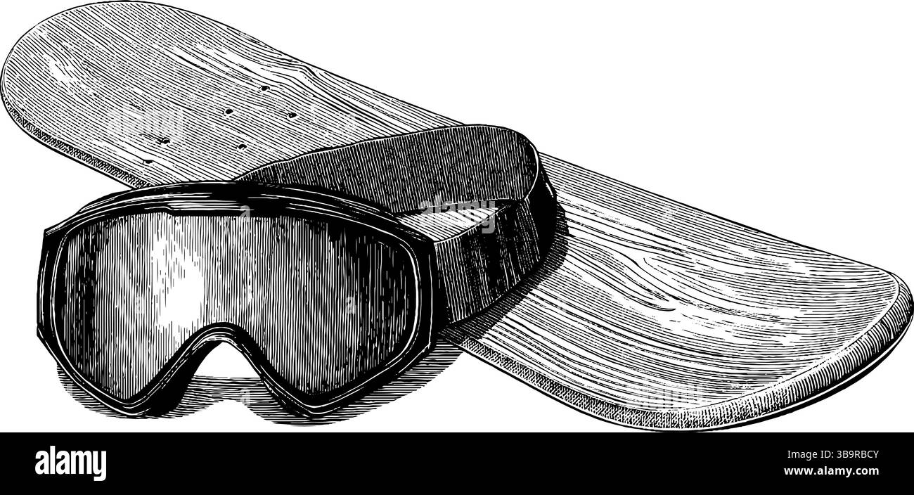 Illustration gravée vintage de snowboard et lunettes pour les amateurs de sports d'hiver. Illustration de Vecteur