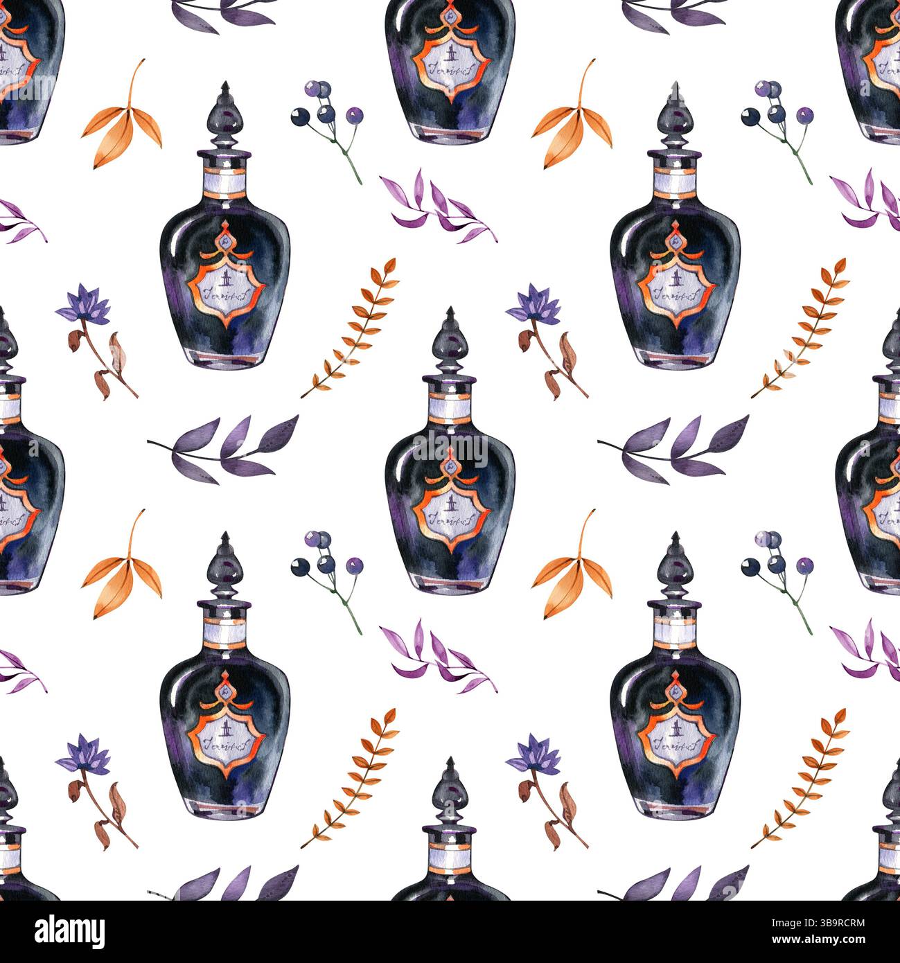 Modèle sans couture d'une bouteille vintage en verre avec une boisson et toxique. Modèle d'aquarelle pour potion magique, boissons, Halloween, médecine, conte de fées Banque D'Images