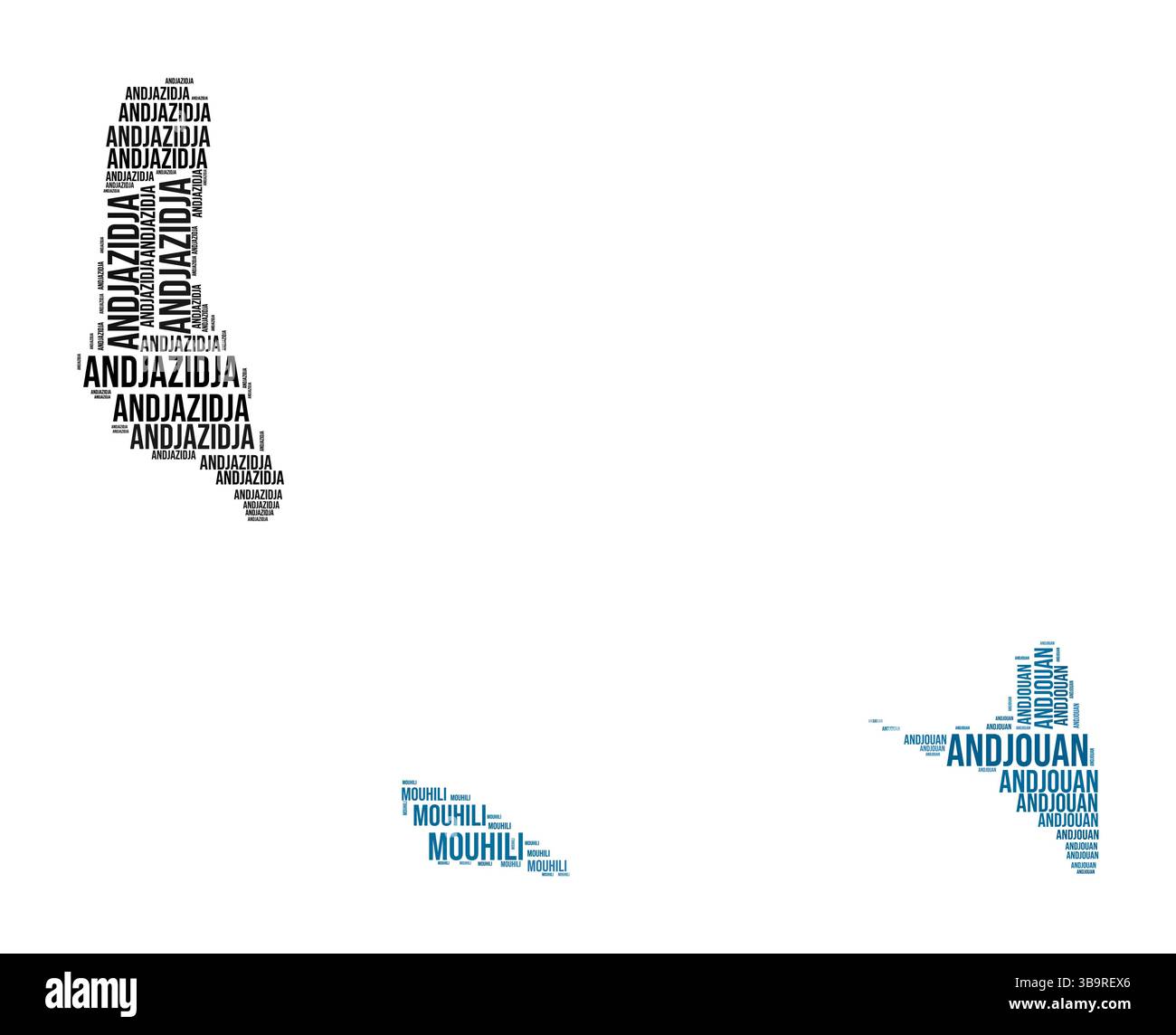 Comores Word Cloud. Forme du pays avec division de région. Image de style typographique Comores. Nuages de balises de noms de région. Illustration vectorielle. Illustration de Vecteur